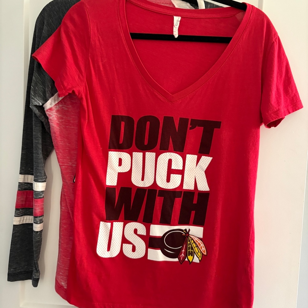 Chicago Blackhawks Bundle- Red Graphic V-Neck T-Shirt AND long sleeve distressed